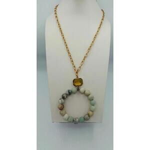 Janie Marie NWT Gold Tone Chain Yellow Cabochon, Light Green Beads Pendant